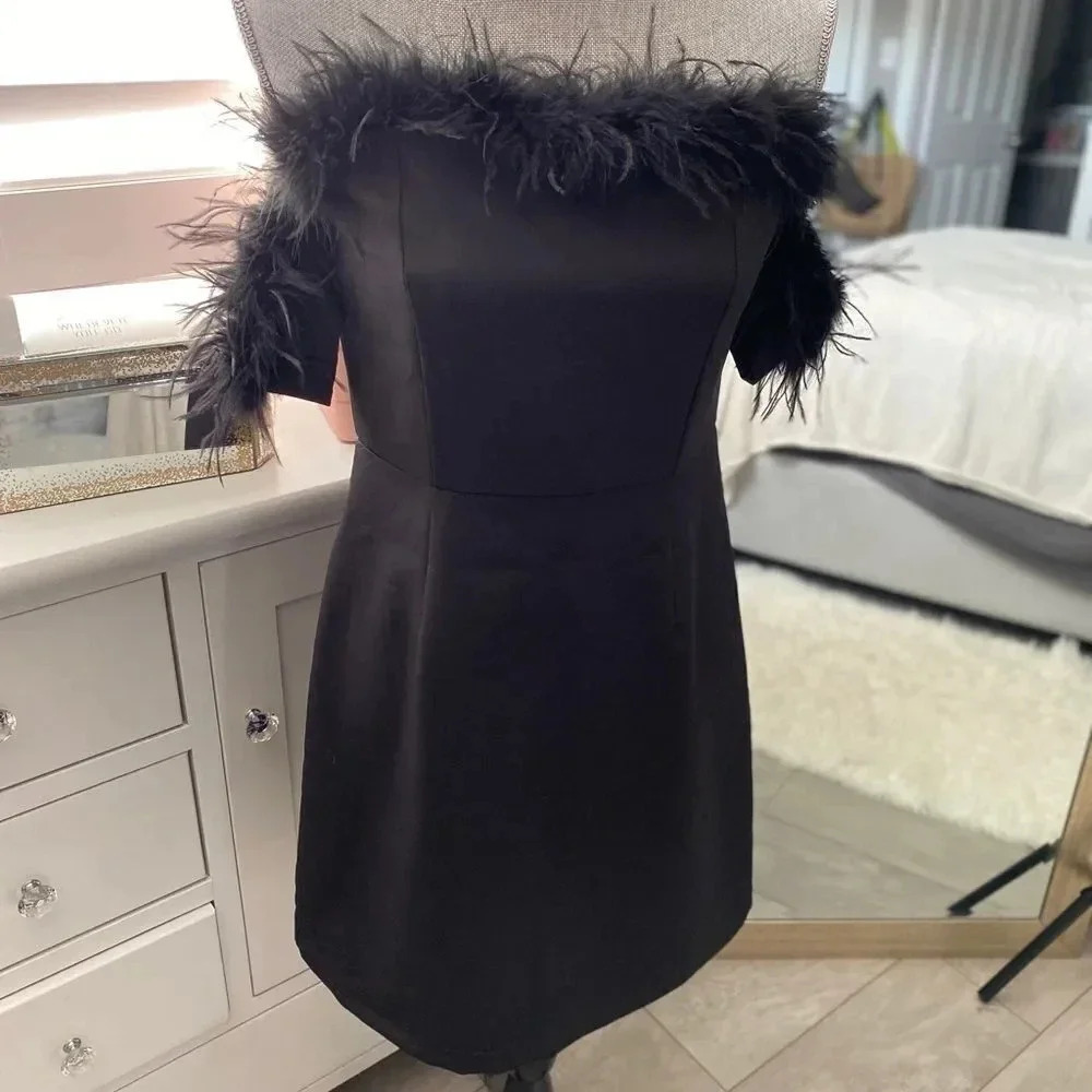 NWOT Cuff Sleeve Formal Lined Dress with Feather Trim, Size M